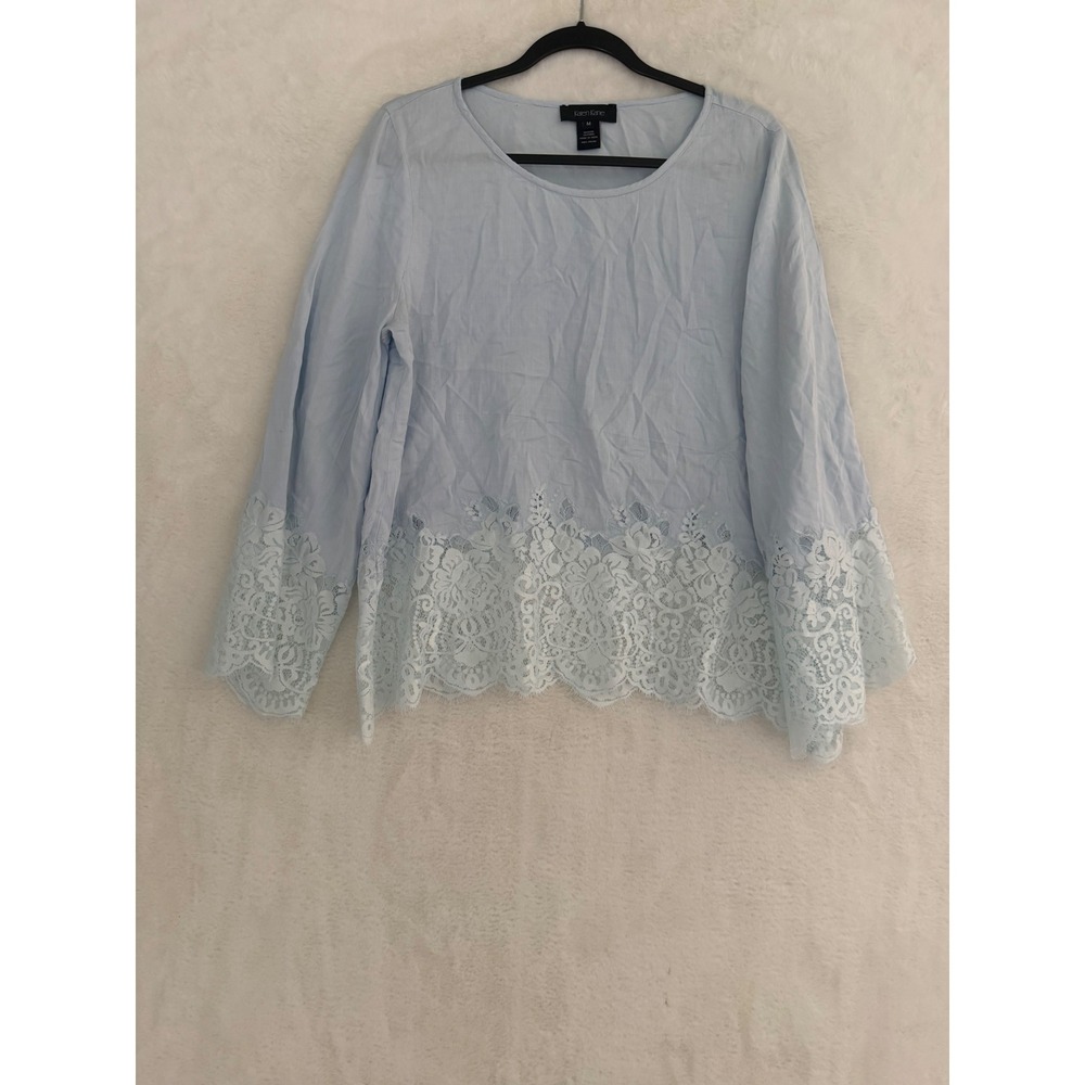 Karen Kane Light Blue Lace Trim Long Sleeve Rayon Blouse Top Size M